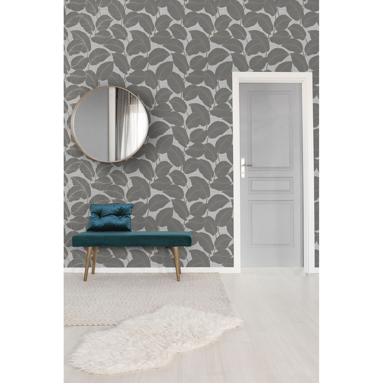 Omena Modern Leaves Wallpaper, Gray