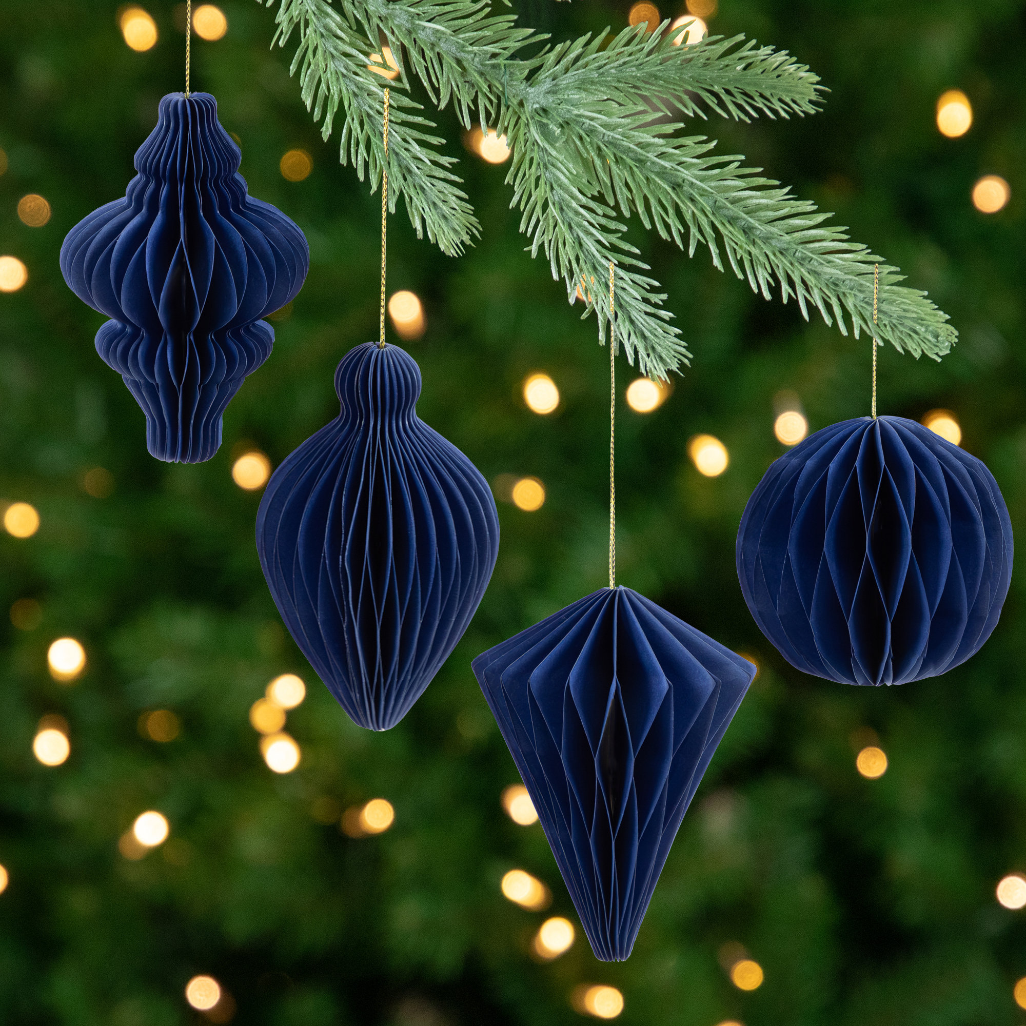 Accordion Honeycomb Foldable Paper Christmas Ornaments - 4" - Set Of 4, Blue