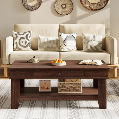 Farmhouse Coffee Table with Storage, 47.2" Coffee Table with Drawer & Open Storage Shelf, Rectangular Center Tables with Sturdy Construction