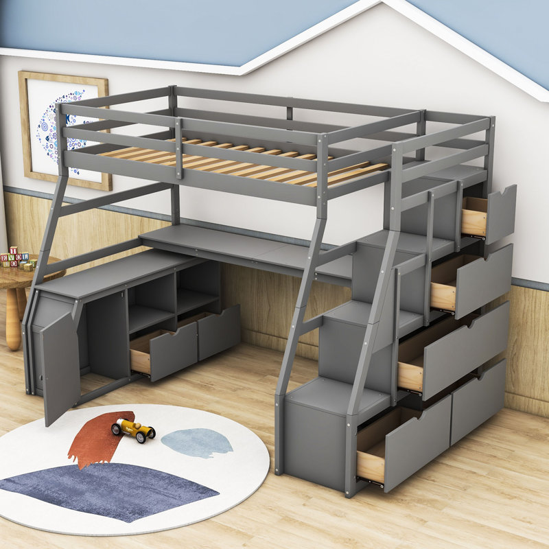 Lit mezzanine en bois avec sept tiroirs Kerth, gris, Twin