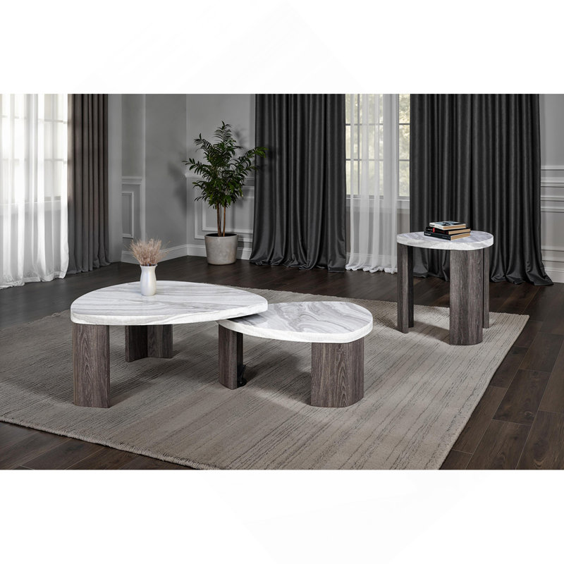 Contemporary Style Triangle 3pc Table Set 1x Nesting Coffee Table 2x End Table Marble Pattern Space Saving Design Primary Living Room