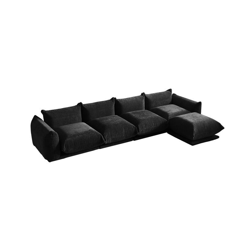 Minarik 4-Seat Chenille Fabric Upholstered Sectional Sofa With Ottoman, Black Chenille
