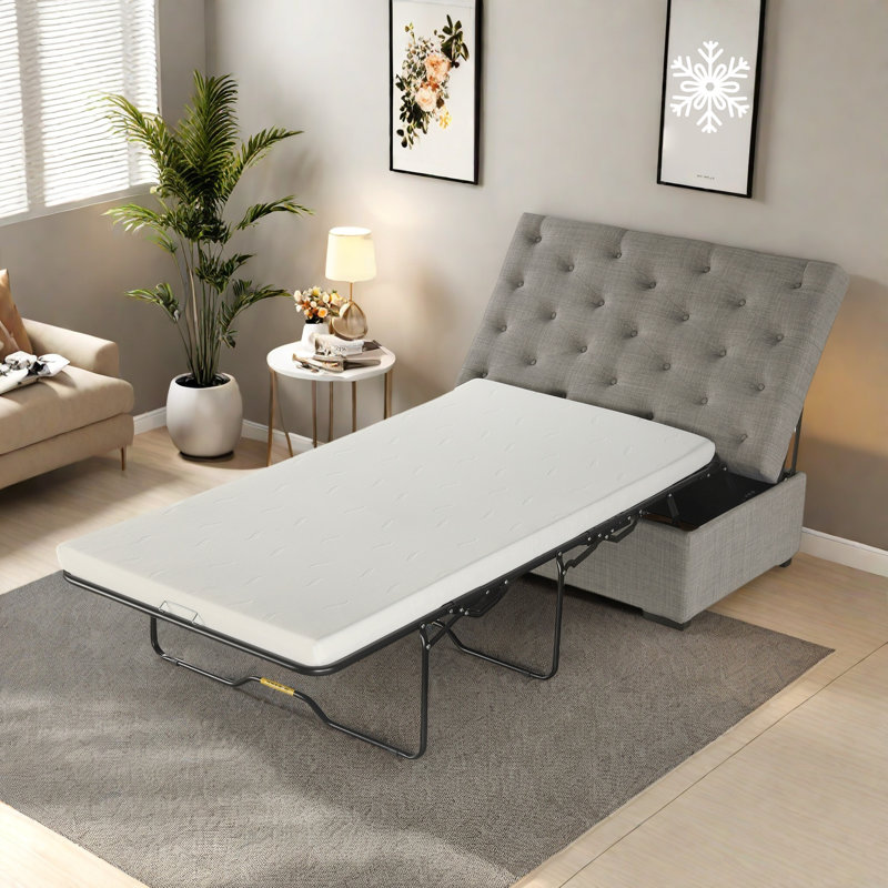 Convertible Ottoman With A Folding Sofa Bed, Metal Frame, Memory Mattress And Tufted Design, Grey
