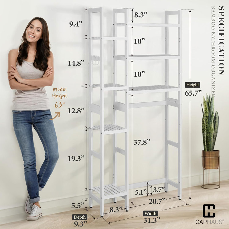 31-Inch Adjustable Bamboo Over The Toilet Storage with Hooks & Side Shelves, Multiple Options, White