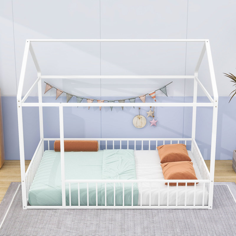 Metal Full House Floor Bed With Roof And Fence-Style Guardrails, White