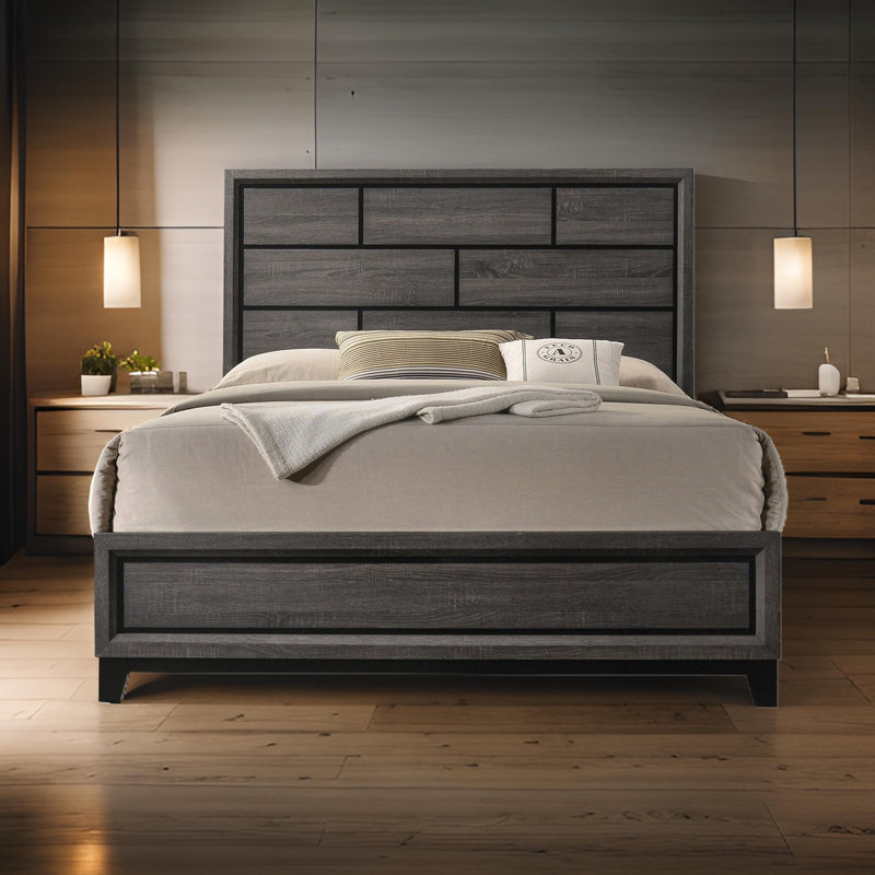 Erica Bed, Wood Finish, Panel Style Headboard, Twin, Manufactured Wood, Gray/Black