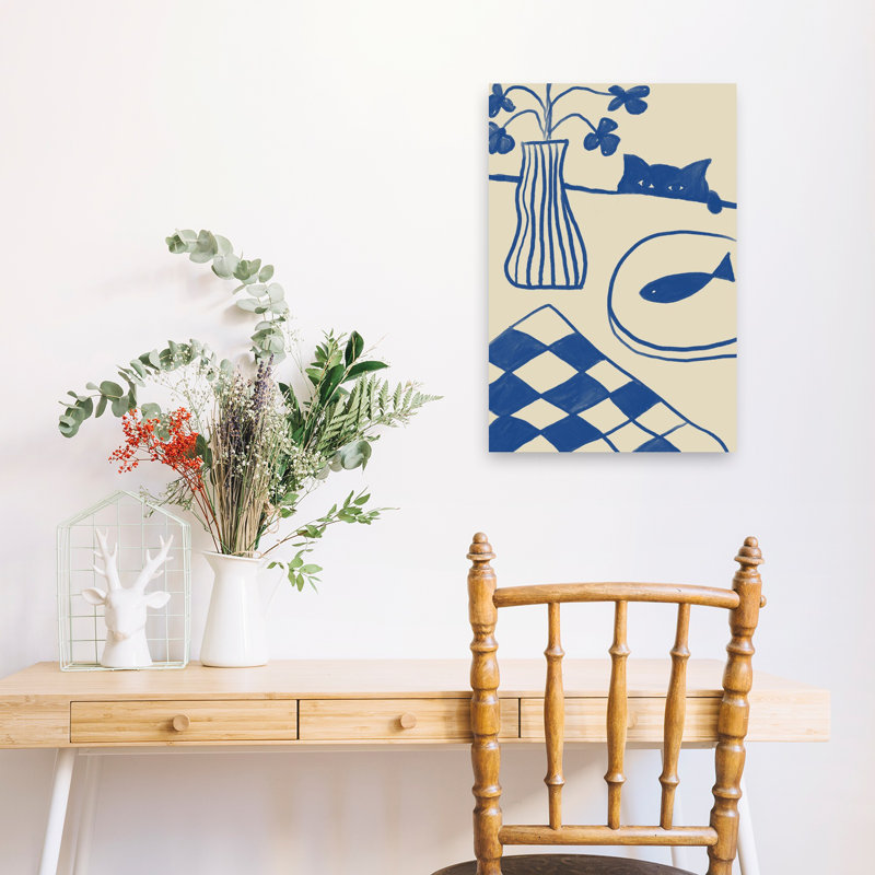 Art mural chat bleu et poisson, H 24 po x l 16 po