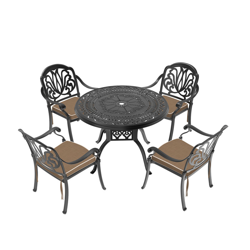 Ensemble de 5 meubles de patio en aluminium coulé avec cadre noir et coussins de siège bruns