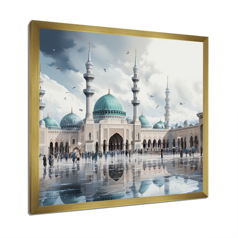 «Mosquée blanche et bleue», art mural, Cadre doré simple, H 16 po x l 16 po x P 1 po