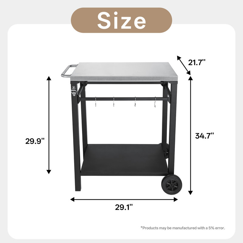 Chariot de barbecue extérieur à 2 niveaux, plateau en acier inoxydable, structure noire, grandes roues, crochets pour ustensiles, table de préparation de barbecue mobile pour terrasse, jardin, support pour four à pizza, grand chariot de rangement inférieur, et