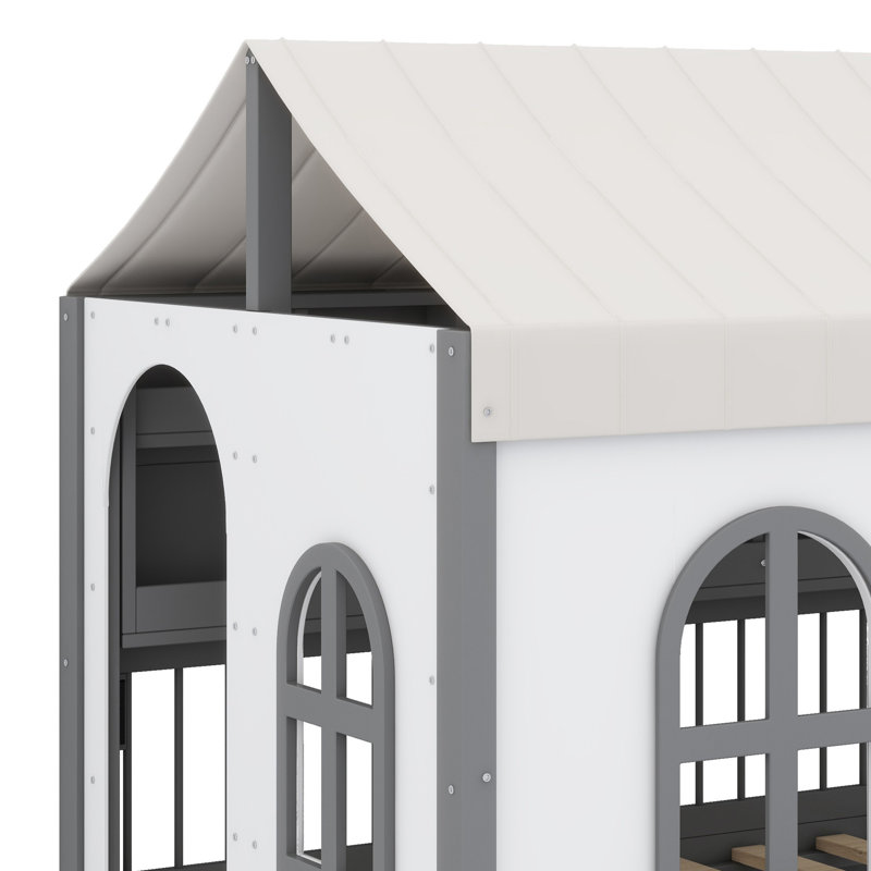 Lit House avec 2 grands tiroirs, bibliothèque latérale avec bande DEL, Gris