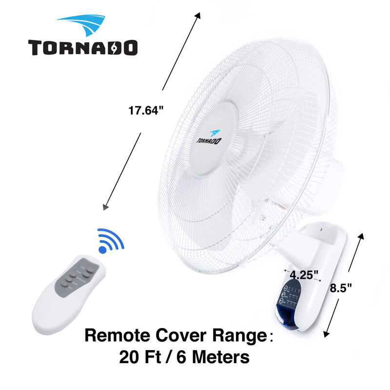 Tornado 16 Inch Oscillating Wall Mount Fan Remote Control Included 3 Speed 6 FT Cord ULSafetyListed