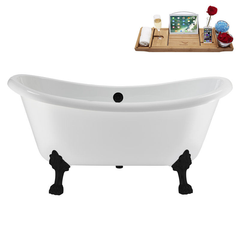 59" Streamline Clawfoot Tub,Tray,Drain, Clawfeet, Matte Black, Matte Black