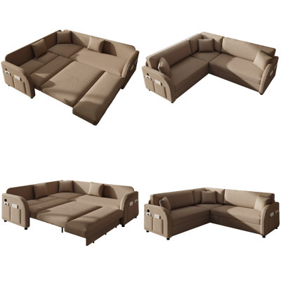 85.1" L-Shaped Convertible Sofa with Pull-Out Bed, 5-Seater Teddy Fabric Sleeper Sectional Couch with Side Pockets & USB Ports, for Living Room, Apartment, or Office