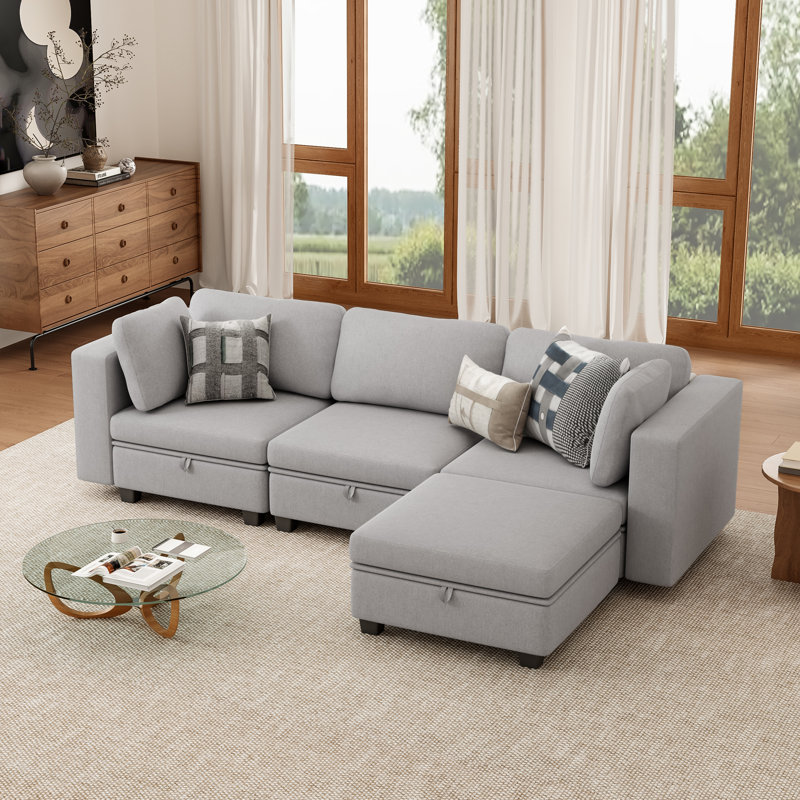 Canapé modulaire en L avec compartiment de rangement, Tissu gris