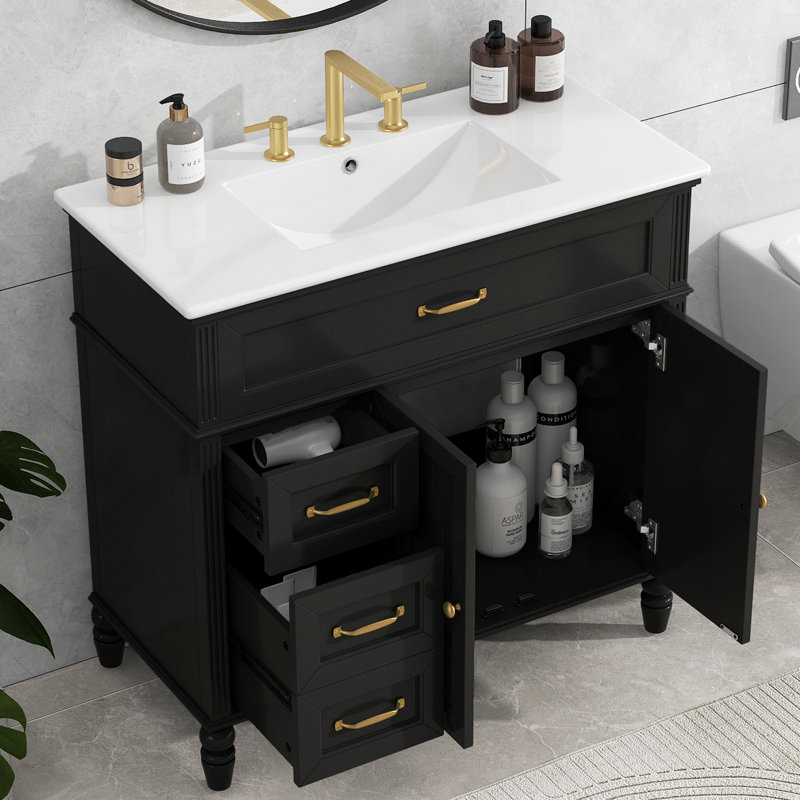 36" Unique Bathroom Vanity With Ceramic Sink, Black