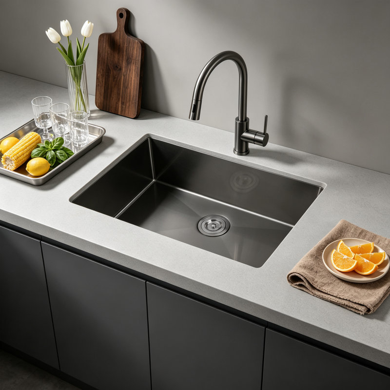 Évier de cuisine à simple cuve en acier inoxydable encastrable L 30 po x l 19 po, Noir