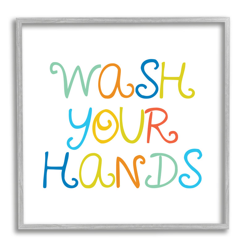 «Whimsical Kids Bathroom», phrase «Wash your Hands Rules», surdimensionnée encadrée noire, art texturé par Daphne Polselli
