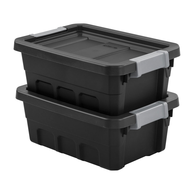 Sterilite Rugged Industrial Stackable Storage Tote w/ Lid, Black, 7.2'' H X 12.6'' W X 18'' D