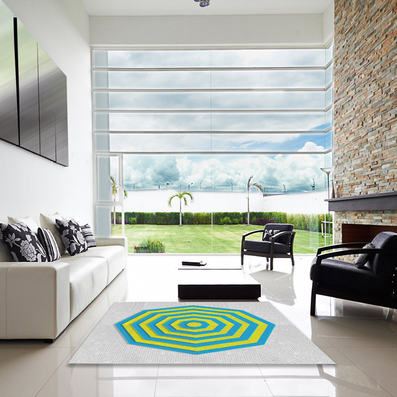Tapis gris clair/bleu/jaune tissé à la machine, Carré 8 pi