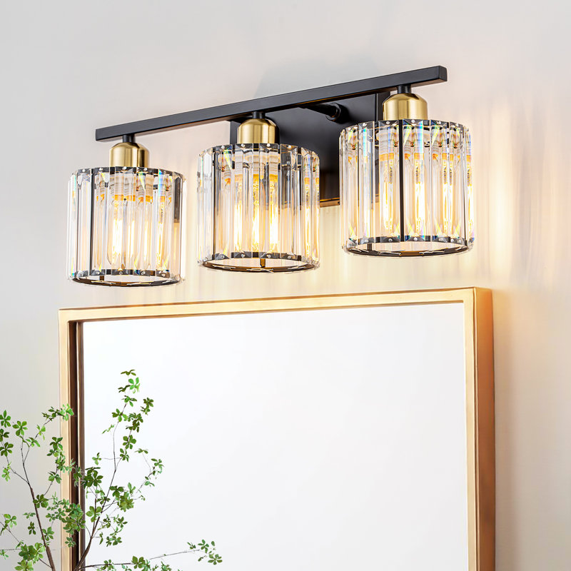 3-Light Dimmable Vanity Light with Cylinder Glass Crystal Shade, Black/Gold
