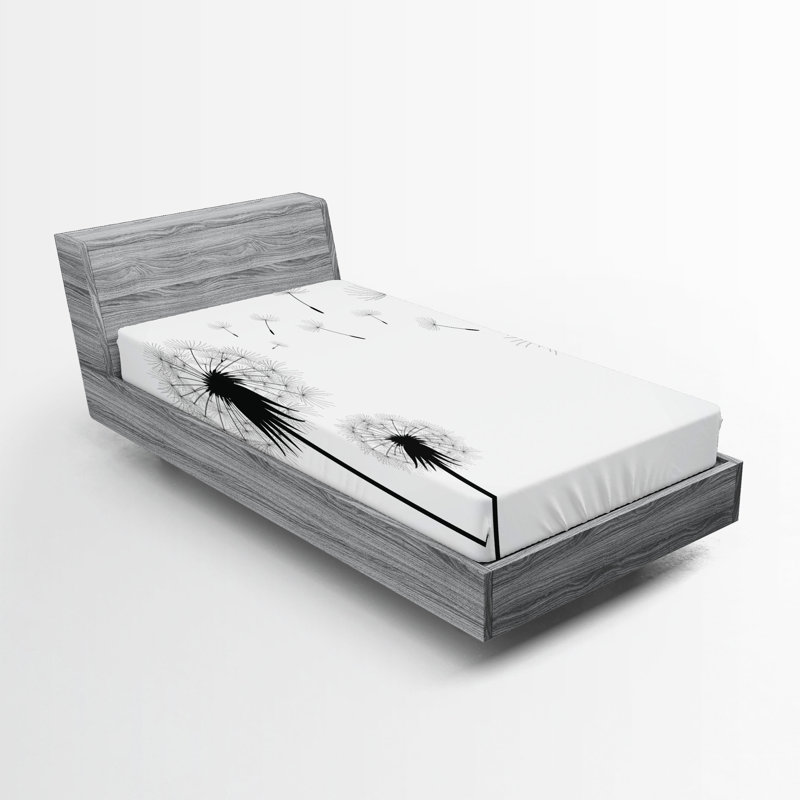 Ambesonne Dandelion Fitted Sheet 2-Pack Blowing Away Floral Twin Black White