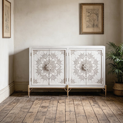 61.02" Vintage Carved Sideboard, White Solid Wood Entryway Cabinet, Luxury Storage Chest