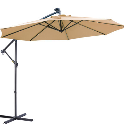 10 Ft Outdoor Solar Led Umbrella - Taupe. Scratch- Frame, Fade- Shade 32 Lights Offset Patio Rustproof Base, Colorfast Material, Wind Vent Feature