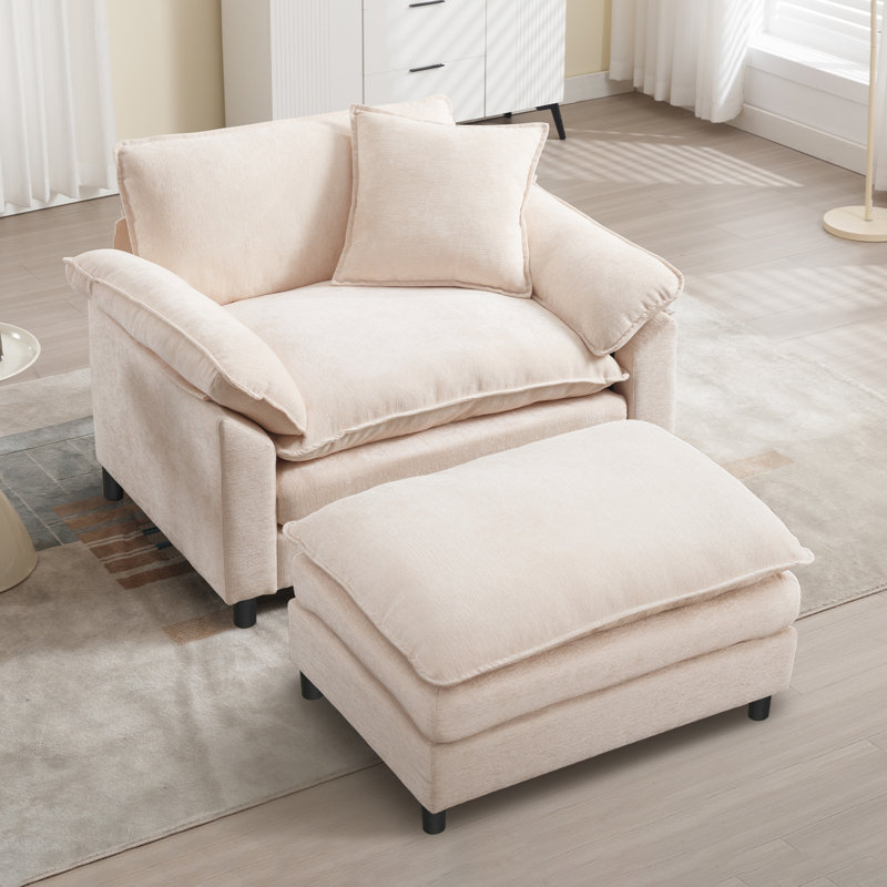 Fauteuil d'appoint surdimensionné en chenille avec repose-pieds, Chenille beige
