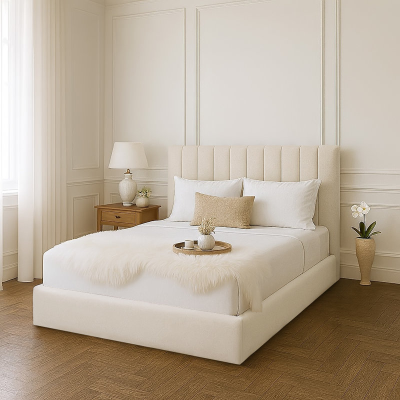 Mahida Upholstered Storage Bed, Cream, Double (4'6)