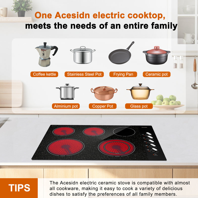 Acesidn 30 inch Electric Cooktop,Knobs Control,Warm Zone,Child Safety Lock,240V,7300W,NO Plug