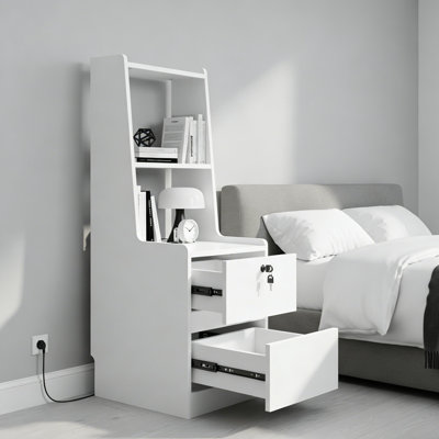 Modern Style Nightstand with Charging Station And Night Light,  with Storage Cabinet for Bedroom