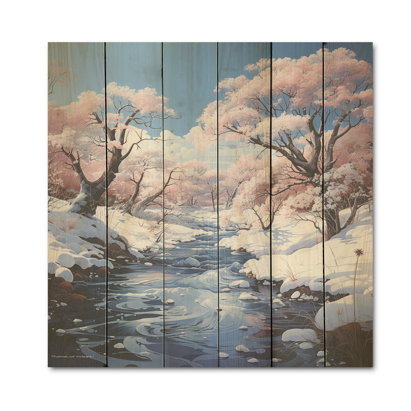 Paysage de charme de neige de rivière d'hiver - art en bois de neige sur bois de pin naturel, H 15 po x l 15 po