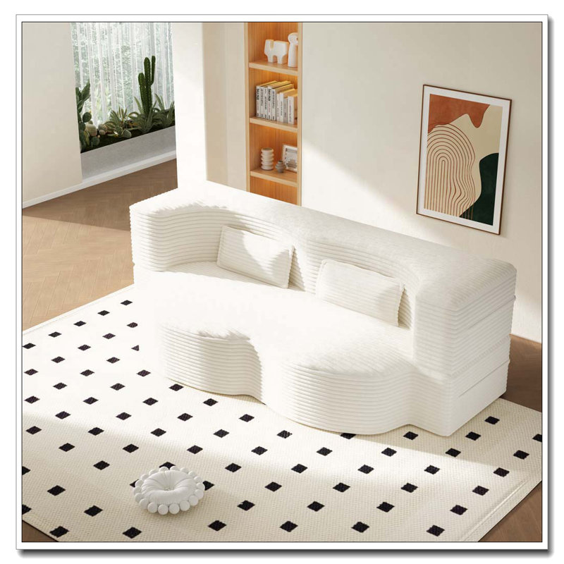 Canapé moderne avec 2 coussins, Beige et blanc, Velours côtelé