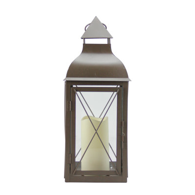 Lanterne brune métallique style campagnard 16,75 po avec bougie DEL sans flamme