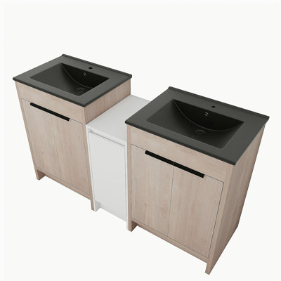 Meuble-lavabo autoportant de 60 pouces avec lavabo en céramique noire et armoires de rangement, porte à fermeture douce, armoire combinée 02424 * 2 + 0312, ensemble KD