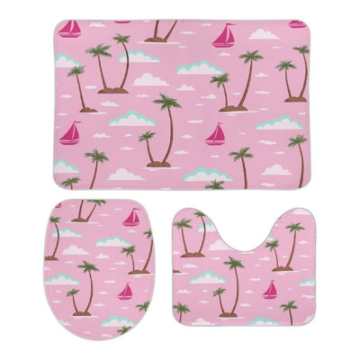 Palm Tree and Sailboat Shower Bathroom Rug Kit Pink 3 Pack