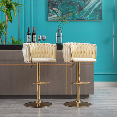 Tabourets de bar modernes en velours (2) - Pieds dorés, hauteur réglable, confortables pour les cafés, les bureaux, les maisons, les bars, les salons Velours, rembourrés de mousse, cuisines,
