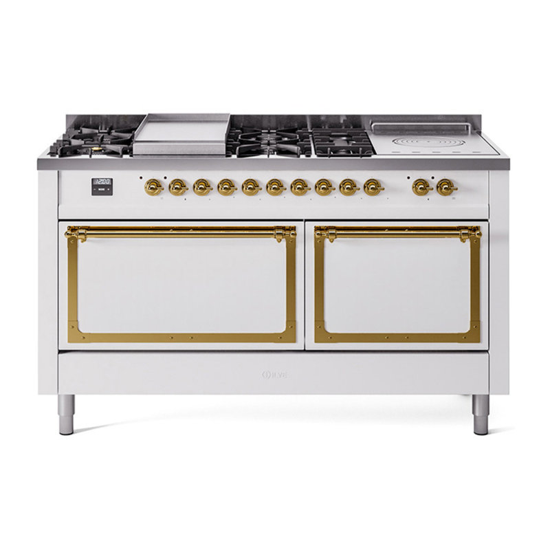ILVE Nostalgie II Noblesse 60 in Dual Fuel Range 7 Burner, Griddle, Frenchtop, Liquid Propane, White/Brass