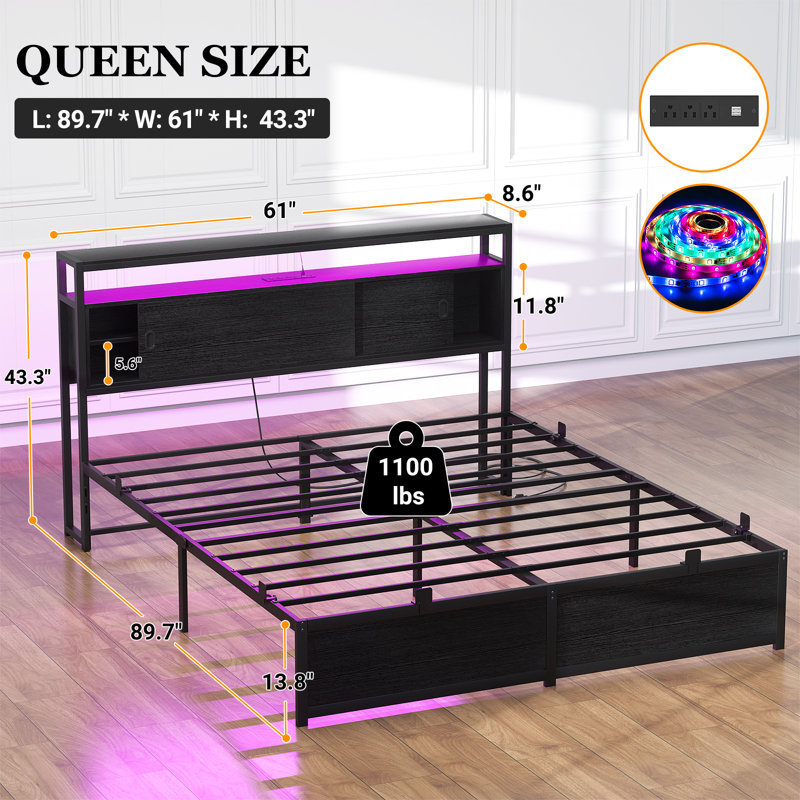 Lit de rangement avec portes coulissantes, lumières DEL et station de charge USB, Noir, Grand