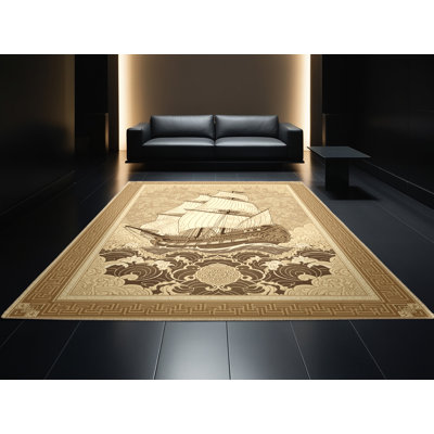 Tapis oriental traditionnel brun à motif de grands voiliers lavable à la machine