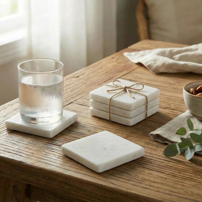 4Pc White Marble Square Coaster 4X4"