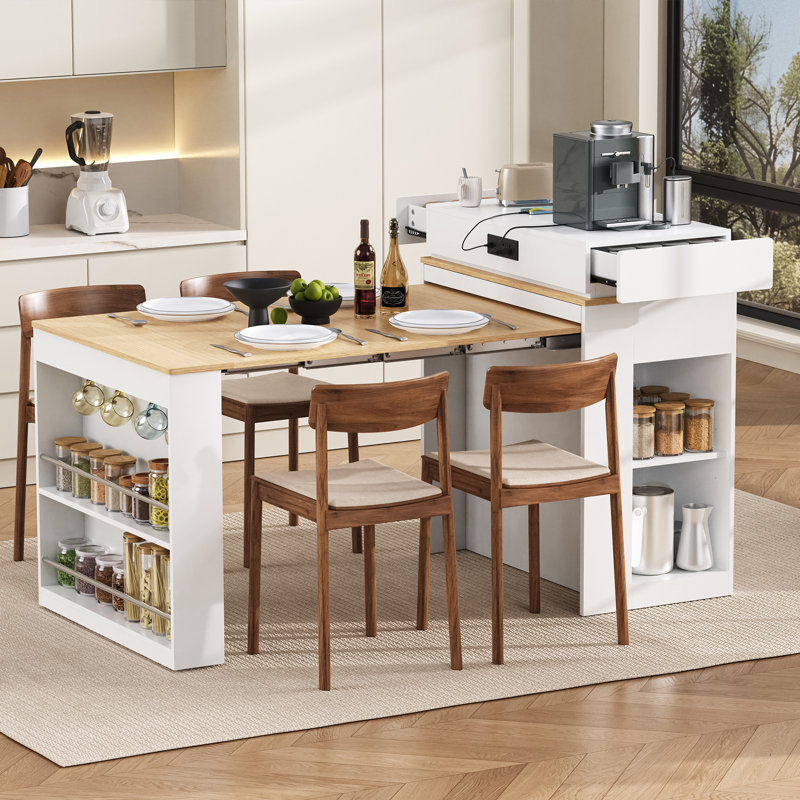 57.7" Drop Leaf Kitchen Island Dining Table with Power Outlet, Rolling Cart with Storage Drawers & Wheels, Creamy White
