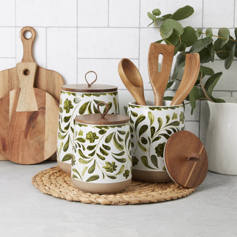 Tabletops Gallery 3-Piece Stoneware Canister Set with Acacia Wood Lids, Botanical Green - Green