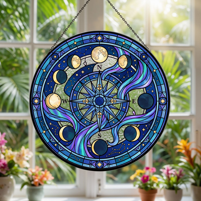 Moon Phase Stained Glass Window Panel，12"H, 12"H