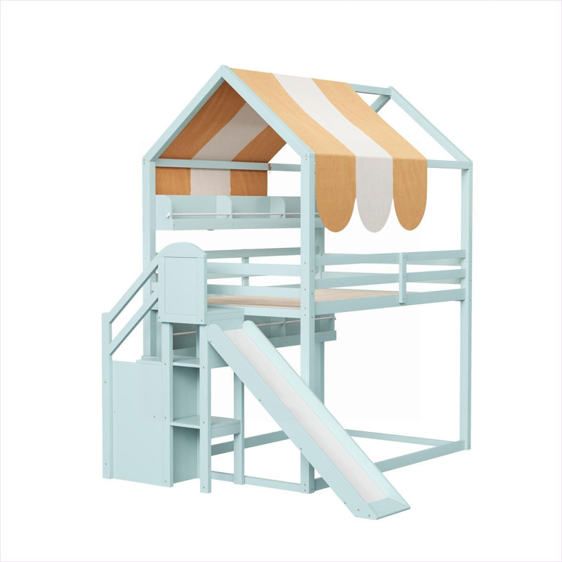 Structure de lit superposé en bois massif vert de style vert, style maisonnette pour chambre d'enfant avec glissoire et bibliothèque intégrée
