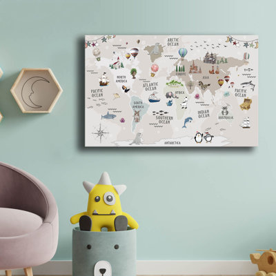 World Map Educational Pine Frame Canvas Kids Wall Art – 27.6'' X 17.7''