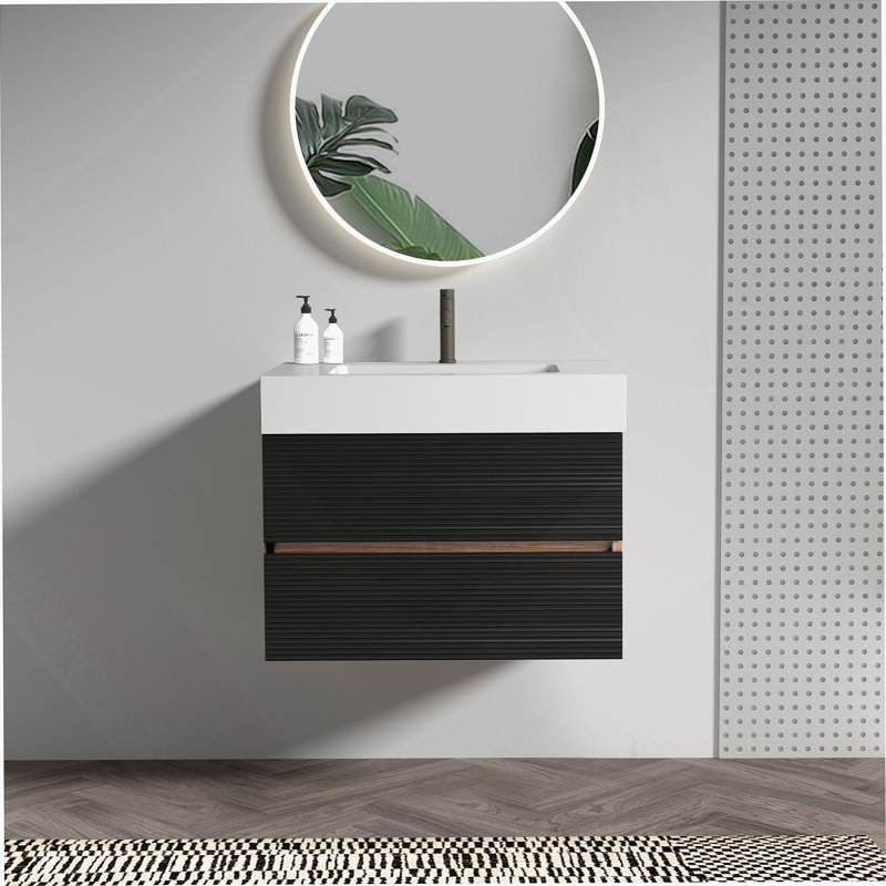 Meuble-lavabo de 30 pi avec lavabo en quartz d'ingénierie et tiroirs noirs doux, meuble-lavabo mural flottant pour salle de bain moderne, lavabo blanc brillant une pièce, KD