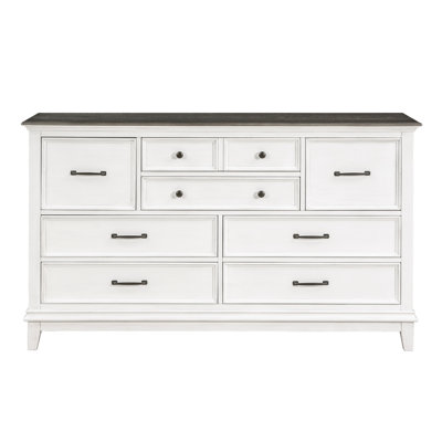 Commode Woki de 66 po de largeur, 9 tiroirs, blanc antique et bois massif brun