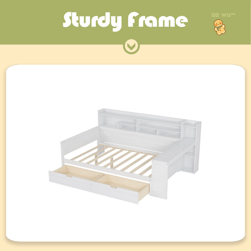 Lit de jour double en bois avec tablettes de rangement, Blanc antique